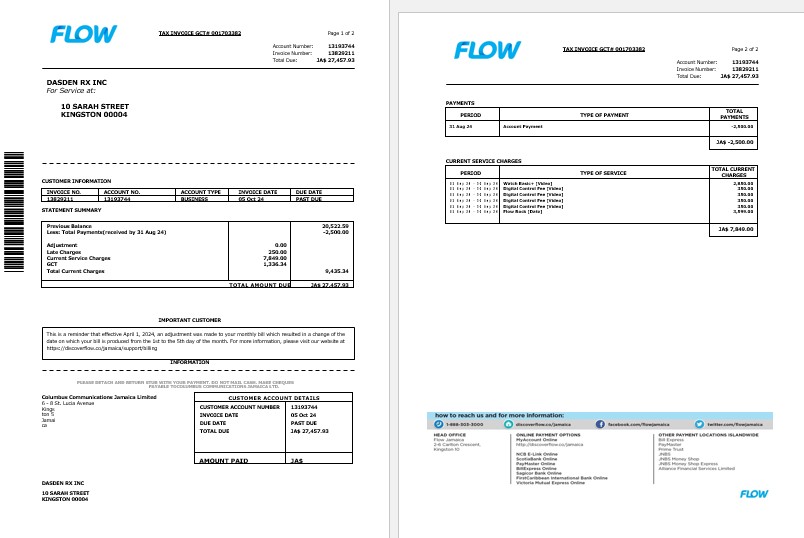 Jamaica Flow tax invoice cable and internet business utility bill Word and PDF template, 2 pages PSD template
